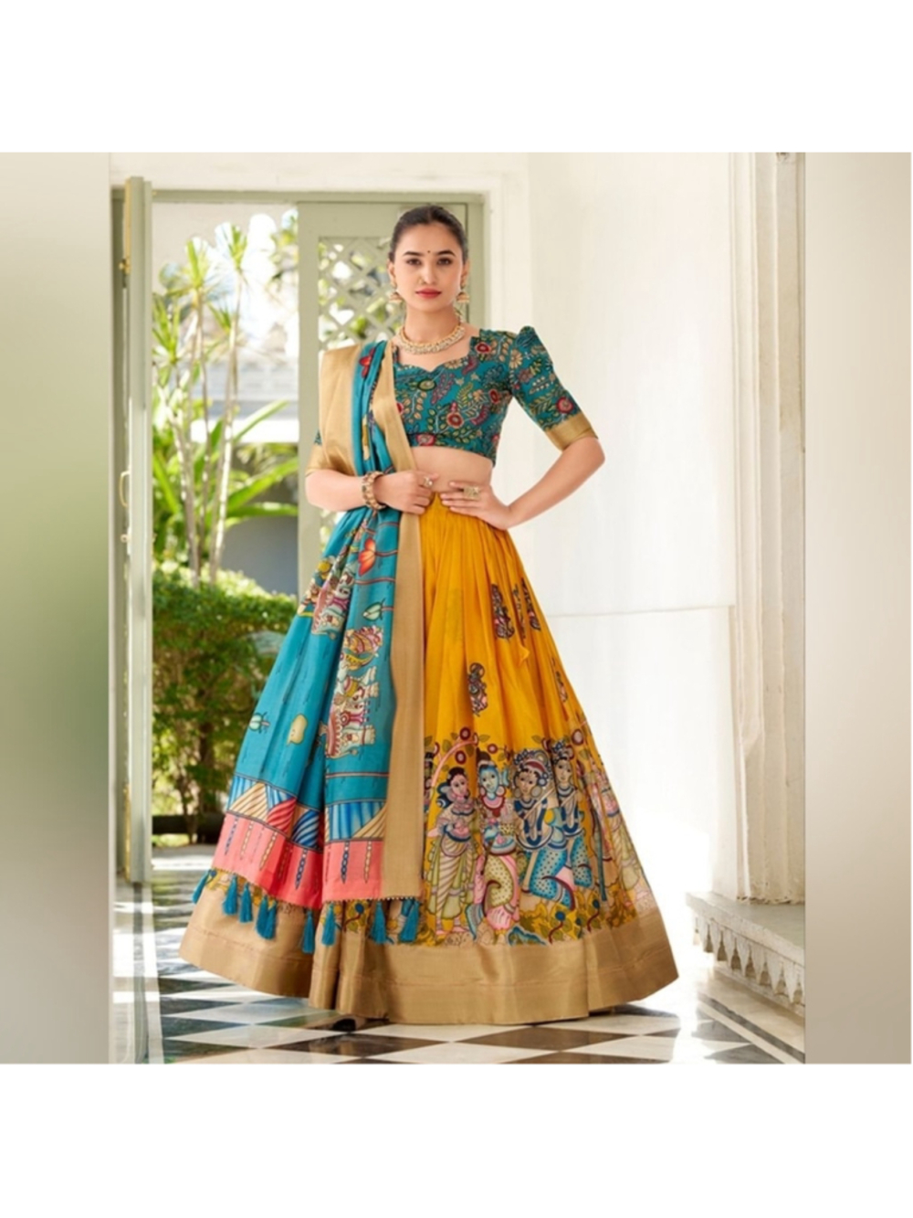 Yellow Kalamkari Print Dola Silk Lehenga Set